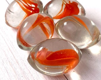 Glass egg shaped marbles, 5 or 14 pcs, approx. 30mm tapered oval glass shapes, cat's eye ribbon marbles, unique football shaped glass