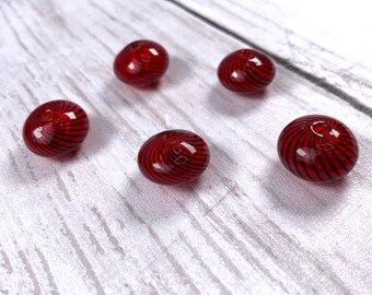 Red and black striped blown glass beads, hollow glass rondelle beads for necklaces, glass focal beads for earrings, double hole, 15mm, 5 pcs