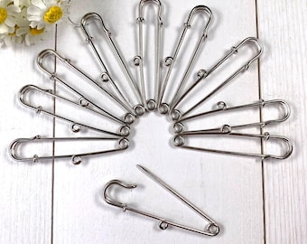 Set of 10 kilt pins with 1 loop, 55mm/2.1" silver colored safety pins, add a charm, DIY brooches, beaded scarf pins, bridal bouquet charms