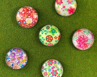 Flower magnets for fridge, springtime floral printed glass magnets in tin box, cheerful gift for teacher, coworker, Easter baskets, set of 6