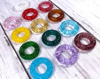 Glass circle ring beads, 5 pcs embossed glass linking rings for jewelry or macrame, painted glass large hole donut bead, 25mm, 12mm hole