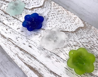 Frosted glass flower necklace making supplies, cultured sea glass floral earring making, DIY beachy jewelry, floral pendant 27mm, set of 3