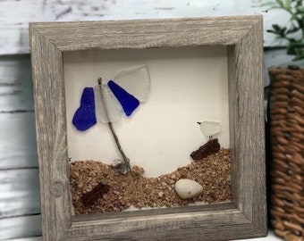 Framed authentic sea glass art, beach house wall art, sea glass beach scene, a day at the beach gift for friends, beach housewarming gift