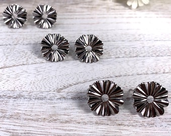 Earring findings for jewelry, silver tone post flower with vertical loop, stainless steel floral stud earring base with backs, 17.5mm 3 pair