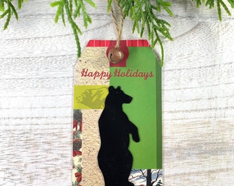 Woodland bear ornament gift tag, Happy Holidays black bear tag for gifts with rustic metal cutout and bell, reuse as tree ornament, 4.5x2.5"