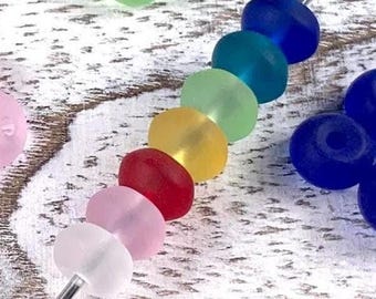 Big hole drilled sea glass beads for beadable items, 9.5x5.5mm center drilled 2.5mm hole for beadable blanks, 12 pc (C0138)