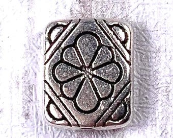 10 metal flower spacer beads, 12x9.5mm flat rectangle alloy beads with 1.6mm hole, antique silver with flower print for jewelry and beading