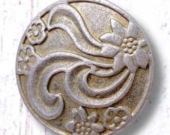 Metal floral buttons, 10 pcs, 19mm antique matte pewter round with flower and scrolls, shank button for leather jewelry, sewing