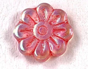 6 Czech glass daisy beads, large 18mm flower focal, pink with 2-sided AB finish, high quality Bohemian crystal beads for jewelry making