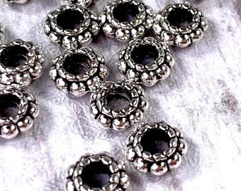 Daisy metal spacer beads, 6mm, large 2.5mm hole spacer beads for beadable blanks and jewelry, antique silver colored metal flower, 100 pcs