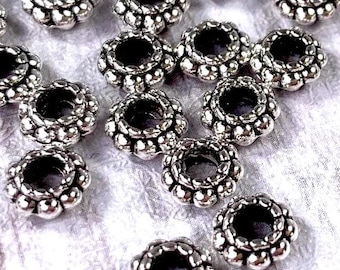 Daisy metal spacer beads, 6mm, large 2.5mm hole spacer beads for beadable blanks and jewelry, antique silver colored metal flower, 100 pcs