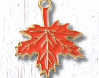 Maple leaf charms, 10 pcs, 24.5x20mm alloy with enamel, orange leaf charms with loop, light gold finish, for autumn nature-inspired crafts