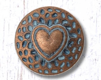 Metal heart buttons, 10 pcs, 18mm copper with patina with hammered effect, shank button for clasps, leather jewelry, sewing, button art