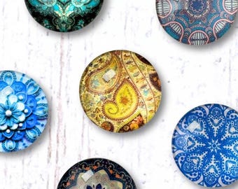 6 glass tile magnets for fridge, mandala, paisley, Moroccan tile prints, random assortment, ~1" round, gift for coworker, teacher