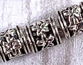 50 metal tube spacer beads with flowers design, 6mm large hole spacer beads with 3.8mm hole for beadable blank crafts, antique silver color