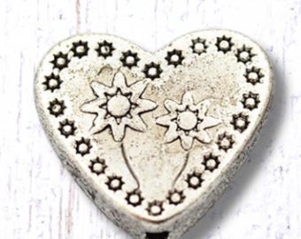 Metal heart spacer beads with flower pattern, heart shaped floral beads for jewelry, 2-sided bead silvery finish 13x12mm, 1.2mm hole, 20 pcs