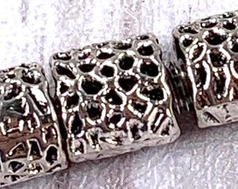 50 metal tube spacer beads w/ cutouts, 7.5x8mm column beads, 6.4mm hole, antique silver colored metal layering beads for jewelry making