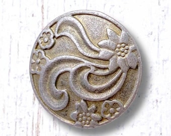 Metal floral buttons, 10 pcs, 19mm antique matte pewter round with flower and scrolls, shank button for leather jewelry, sewing (M0327/2)