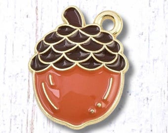 Acorn charms, 10 pcs, 18.5x14.5mm alloy with enamel, orange and brown acorn charms with off-center loop, light gold finish