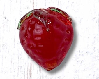 Glass strawberry beads, 10 pcs, 14.5x12.5mm small red strawberry beads w/ 2mm hole, cute dimpled berry beads for jewelry and crafts (A0001)