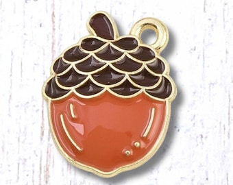 Acorn charms, 10 pcs, 18.5x14.5mm alloy with enamel, orange and brown acorn charms with off-center loop, light gold finish