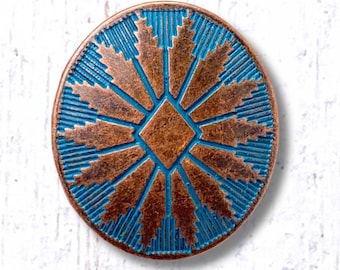 Antique-copper concho style buttons, 10 pcs, 25x22mm alloy oval buttons with a diamond-center sunburst, turquoise patina wash