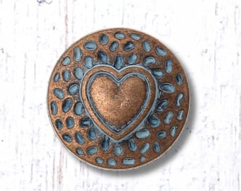 Metal heart buttons, 10 pcs, 18mm copper with patina with hammered effect, shank button for clasps, leather jewelry, sewing, button art