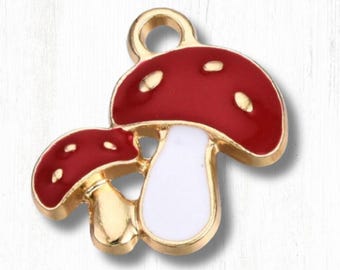 Mushroom charm, 10 pcs, 19.5x18.5mm alloy red toadstool charm with enamel and golden finish, for boho cottagecore jewelry and crafts