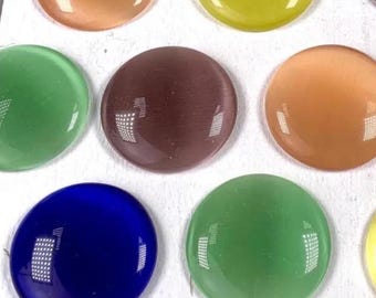 10 cat eye cabochons, translucent colored glass gems for jewelry, flat back pillow dome round cabs for pendant trays, mosaics, 25mm/.98"