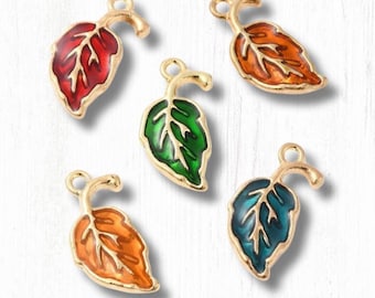 Leaf charms, 10 pcs, alloy with enamel 19.5x9.5mm leaves with loop, botanical theme charms with gold finish, multiple color options