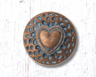 Metal heart buttons, 10 pcs, 18mm copper with patina with hammered effect, shank button for clasps, leather jewelry, button art (M0325/1)
