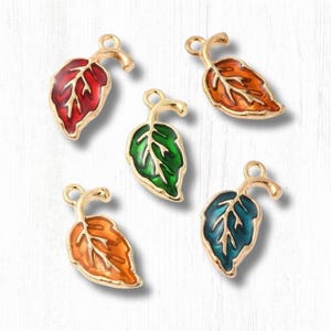 Leaf charms, 10 pcs, alloy with enamel 19.5x9.5mm leaves with loop, botanical theme charms with gold finish, multiple color options (L0320)