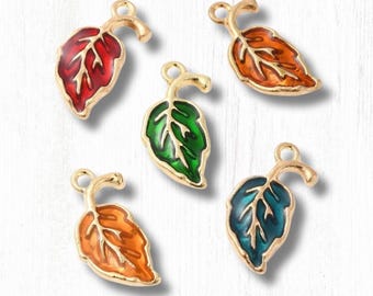 Leaf charms, 10 pcs, alloy with enamel 19.5x9.5mm leaves with loop, botanical theme charms with gold finish, multiple color options (L0320)
