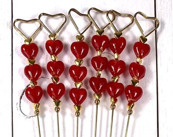 Beaded flower bouquet pick card holder, red glass and gold hearts table number holder, wedding centerpiece, plant jewelry, set of 6