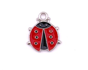 Ladybug charms, 10 pcs, alloy with enamel 19x16mm ladybird charms with loop, garden insect theme charms with silver finish