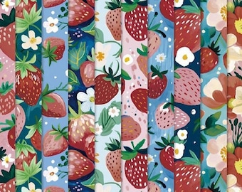 Strawberry scrapbook paper bundle, 6x6" 12 designs, 24 sheets, strawberries, flowers, leaves with mix of background colors