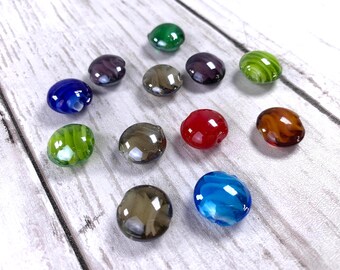 Pearlized lentil lampwork glass beads, flat round glass beads in assorted colors, jewelry making supplies, glass beads for crafting, 12 pcs