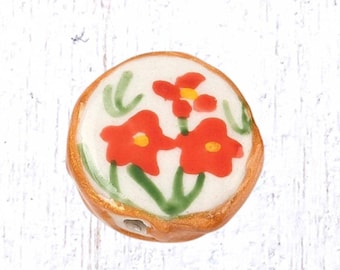Porcelain beads with flowers, 4 pcs, 19.5mm hand-painted red orange floral focal beads for beadable crafts, 1.8mm hole (C0125)