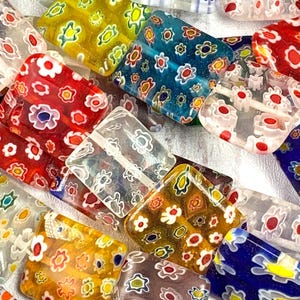 Millefiori glass flat square beads, multicolor floral beads, colorful jewelry making beads, square beads with flowers, 10/12/16 mm (A0020)