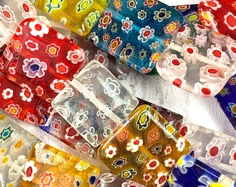 Millefiori glass flat square beads, multicolor floral beads, colorful jewelry making beads, square beads with flowers, 10/12/16 mm (A0020)