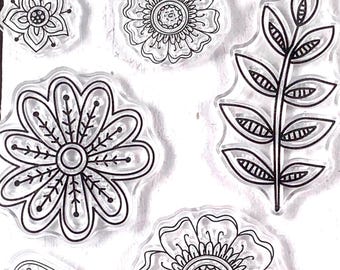 Clear stamp set with flowers and leaves, 24 silicone folksy boho floral and leaf stamps for scrapbooking, planners, junk journal, cards