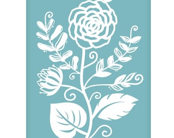 Folksy floral silk screen stencil, 5.5x7.7" boho flower print, reusable self-adhesive stencil for etched glass designs, fabric, signs