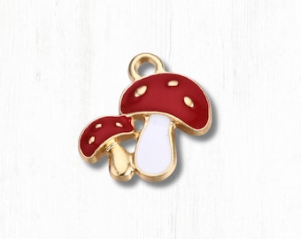 Mushroom charm, 10 pcs, 19.5x18.5mm alloy red toadstool charm with enamel and golden finish, for boho cottagecore jewelry (L0320)