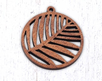 10 palm frond wood charms, 32.5x30mm laser cut pendants, round with leaf pattern for boho jewelry