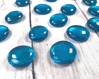 Large iridized aqua glass gems, 15 pc, approx 25 mm glass garden stones, potted plant decoration, large glass cabochons