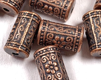 10 copper floral pattern column beads, 16.5x8.5mm large cylinder tube accent beads with 2.4mm hole, for boho rearview mirror or bag charms