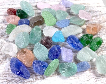 Mixed colors sea glass stones, 40 pcs chippy partially frosted small 10-20 mm irregular glass nuggets, cultured sea glass, CLOSEOUT