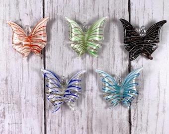 Glass butterfly pendant for necklace, big charms jewelry making supply, easy crafts, glass butterfly ornaments, lampwork glass charms, 3 pcs