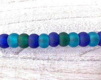 Large hole mixed color sea glass beads for beadable blanks, blue green aqua cultured frosted glass beads, ocean colors beachy jewelry, 20 pc