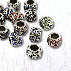 Large hole metal European beads with rhinestones, 20 pcs, 10x7.5mm assorted colors with leaf design for DIY garden stakes, jewelry (C0117)